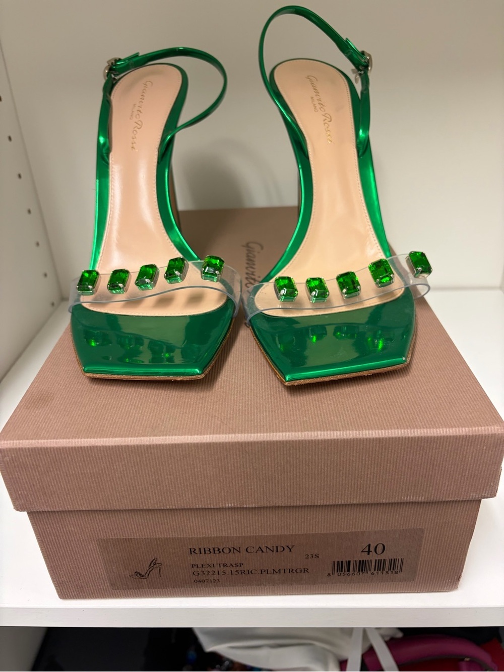 Gianvito Rossi Metallic Green Slingback Heels with Green Crystal Accents - Picture 2 of 8